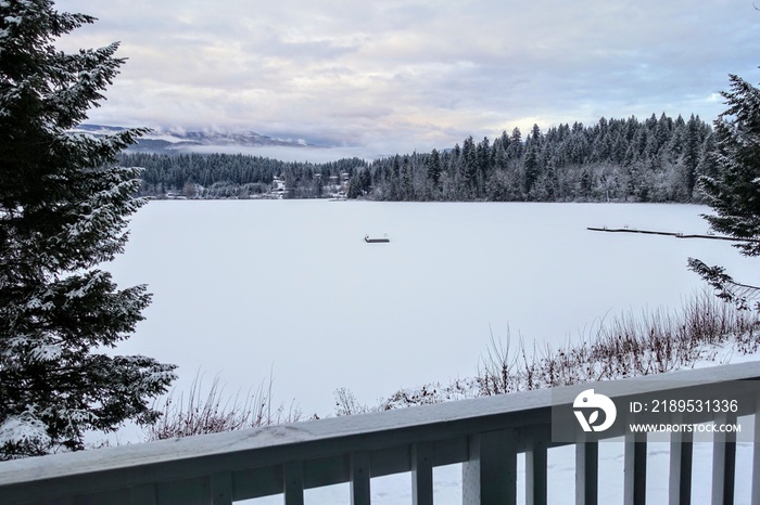 美丽的冬季景观，俯瞰被雪覆盖的湖泊。从阳台上可以看到。
