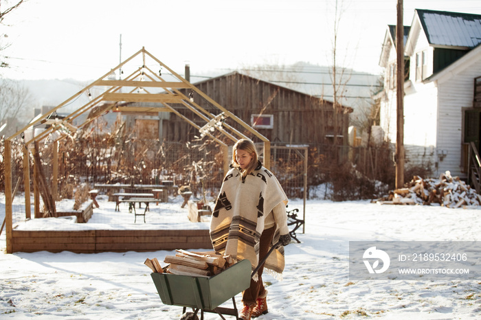 Woman with firewood in wheelbarrow walking on snow covered landscape