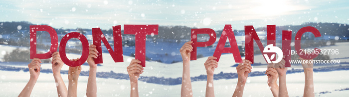 People Hands Holding Word Dont Panic, Snowy Winter Background