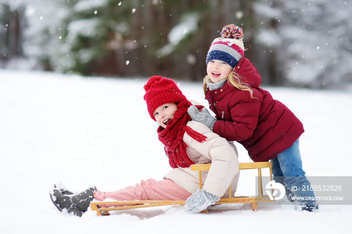 两个有趣的小女孩在美丽的冬季公园玩雪橇。可爱的孩子在里面玩耍