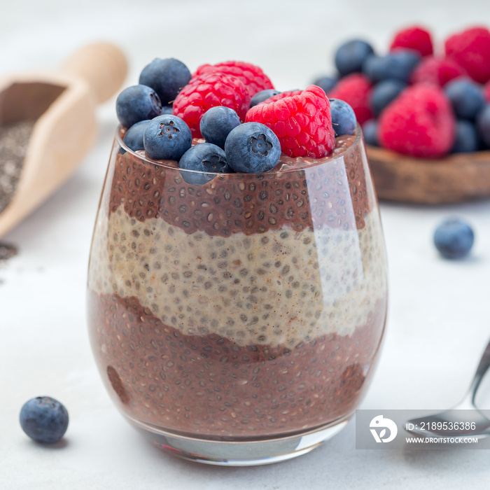 Layered chocolate and peanut butter chia seed pudding in a glass, garnished with raspberry and blueb