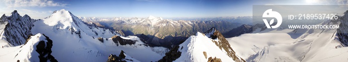 360 degree panorama view of the Mischabel mountain in the Valais near Saas Fee in the Swiss Alps