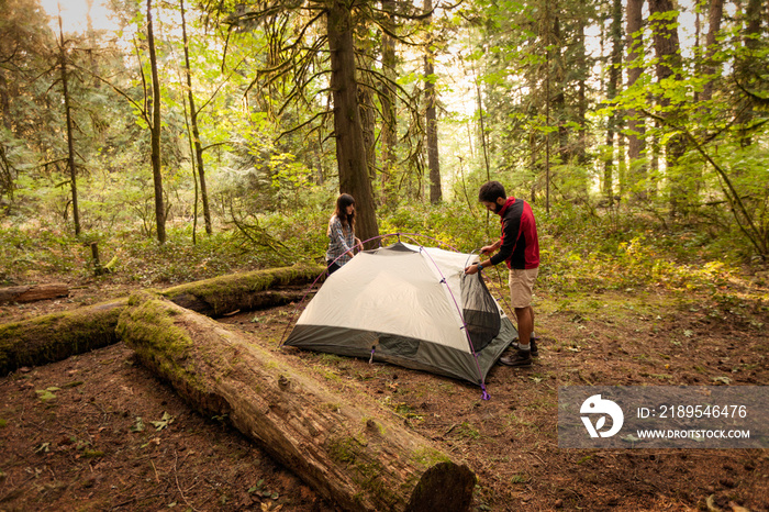 Young couple setting up tent in forest