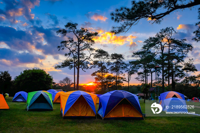 日落时分在泰国Phukradueng山顶露营的帐篷