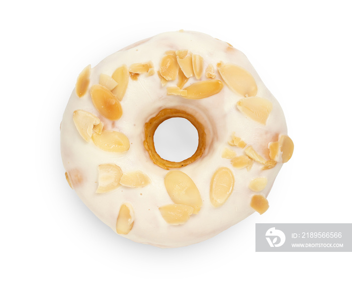 Donut with almond bean sprinkles isolated on white background top view