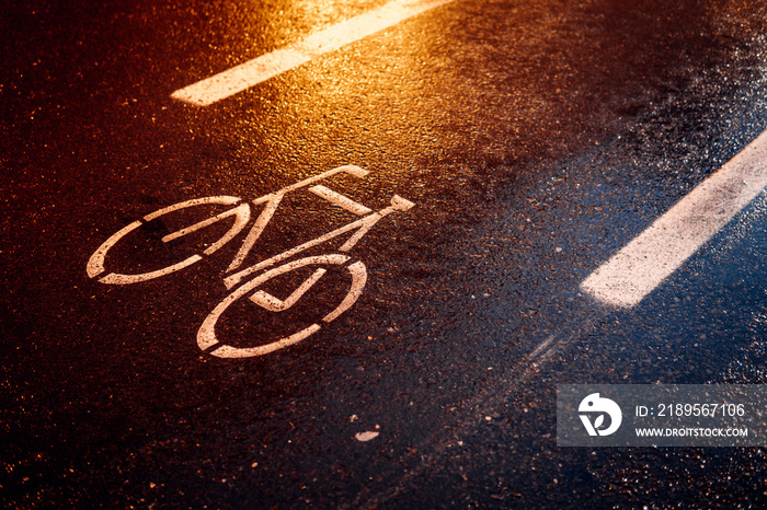 Symbol Fahrradweg bei Nacht auf nasser Fahrbahn. Regen und Straßenlichter