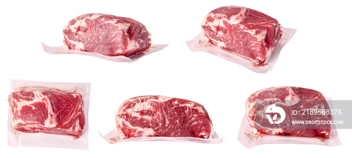 Raw meat, fresh pork vacuum-packed in polythene, isolated on white background. Set of different phot