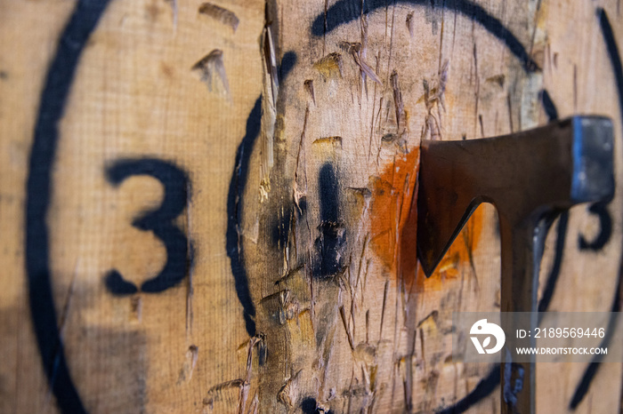 Axe throwing target with axe in center on bullseye