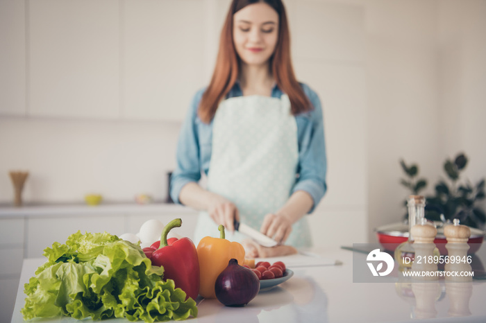 Photo of attractive wife making perfect supper for family cut hen meat clean vegetables focus