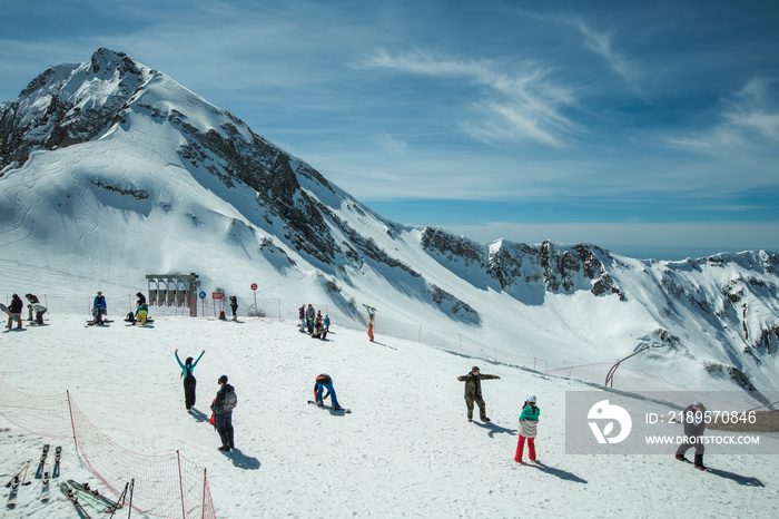 Russia, Sochi - ski resort, instructor is teaching a young girl to ski, Opening of the ski season,ed