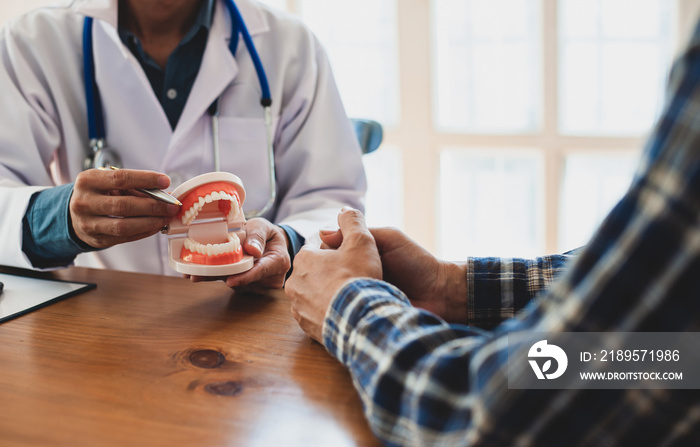 The dentist holds a sample of the teeth and talks while giving dental advice to patients with tootha