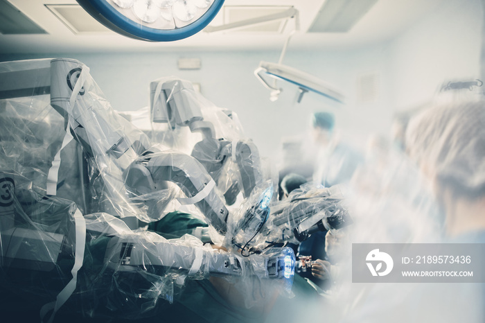 Surgical room in hospital with robotic technology equipment, machine arm surgeon in futuristic opera