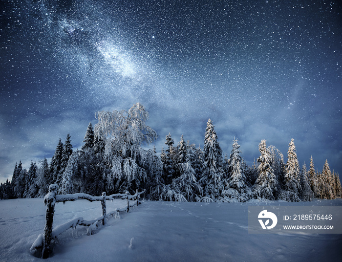 Winter landscape. Mountain village in the Ukrainian Carpathians. Vibrant night sky with stars and ne