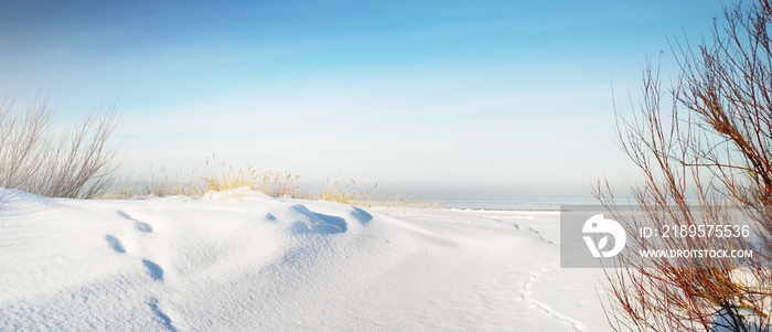 Frozen Baltic sea shore on a clear day, snow texture close-up. Blue sky. Picturesque winter scenery.