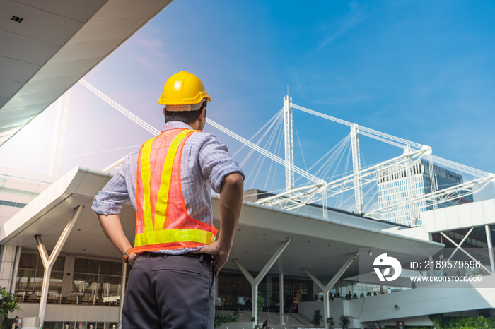 Civil Engineer supervised the construction of  roof frame and pile of concrete on construction sites