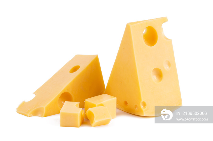 pieces of tasty yellow cheese isolated on white background