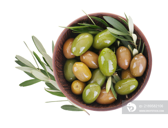 Bowl with olives on white background