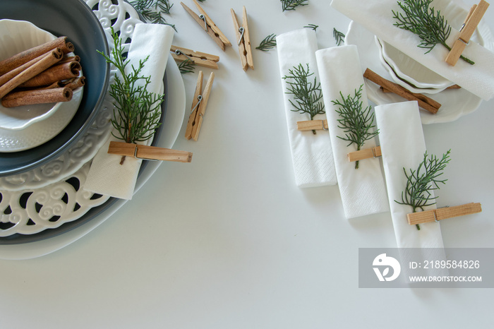 Preparations about arranging the table for winter holidays. Winter decoration, DIY