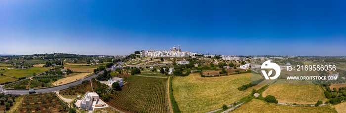 Aerial view ,neoclassical church of San Giorgio Martire, Locorotondo, Valle d’Itria, Apulia, Italy,