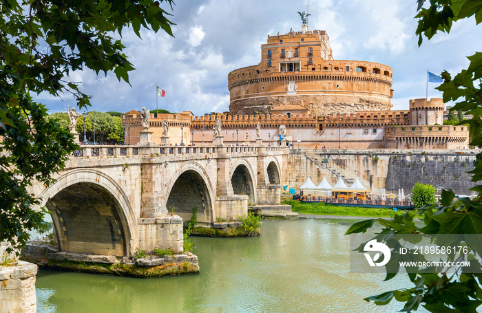 Saint Angel Castle and bridge over Tiber river in Rome. Italy