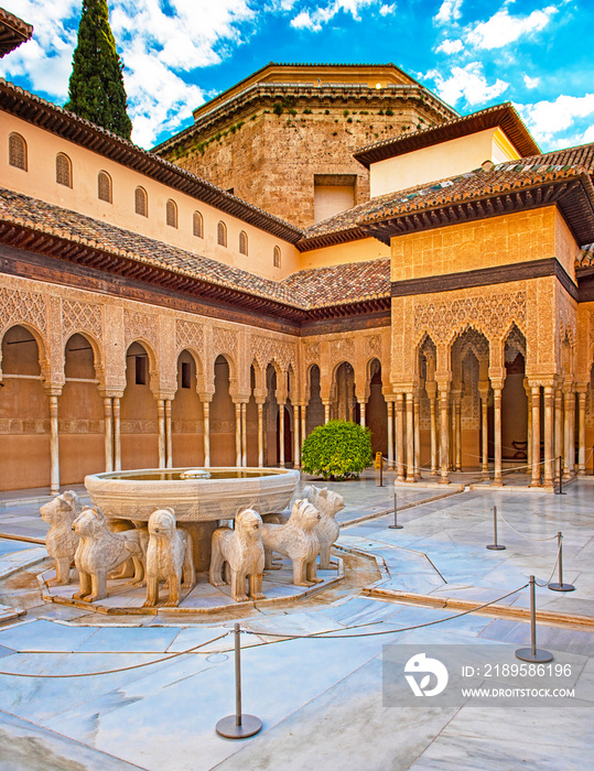The famous Lion Fountain in Alhambra palace in Granada