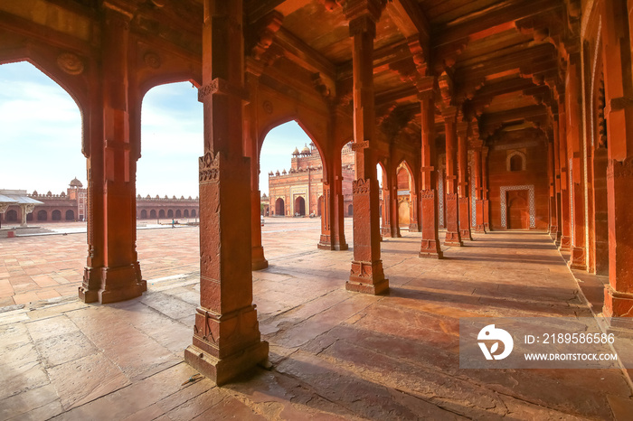 Fatehpur Sikri red sandstone architecture structure with view of largest Indian mughal architecture 