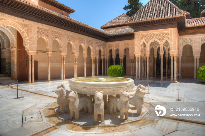 Patio de los Leones inside of the Nasrid palace of Alhambra fortress in Granada, Spain