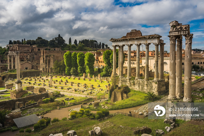 Ancient ruins of Palatine Hill in sunlight, the historical place in Rome, Italy