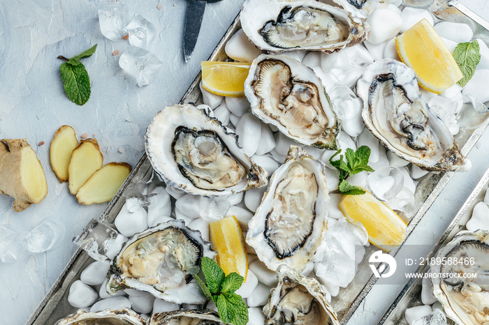 Fresh oysters with lemon and ice. Restaurant delicacy. oysters dish. Oyster dinner with champagne in