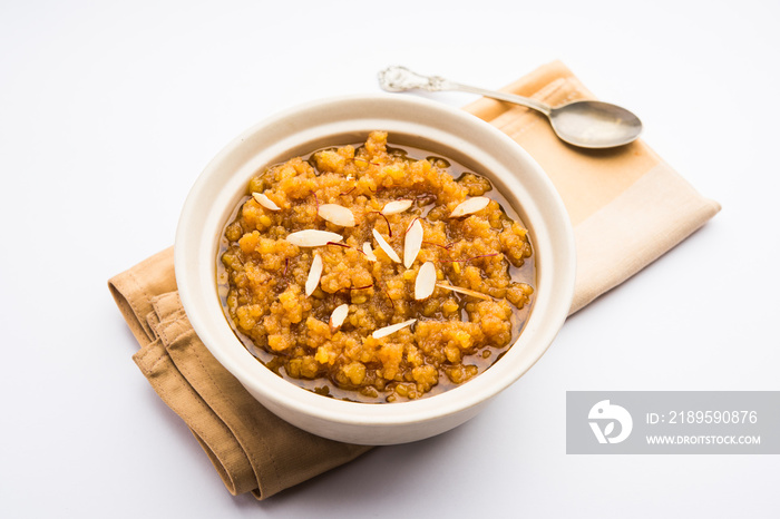 Moong Dal Halwa or Mung Daal Halva is an Indian sweet / dessert recipe, garnished with dry fruits