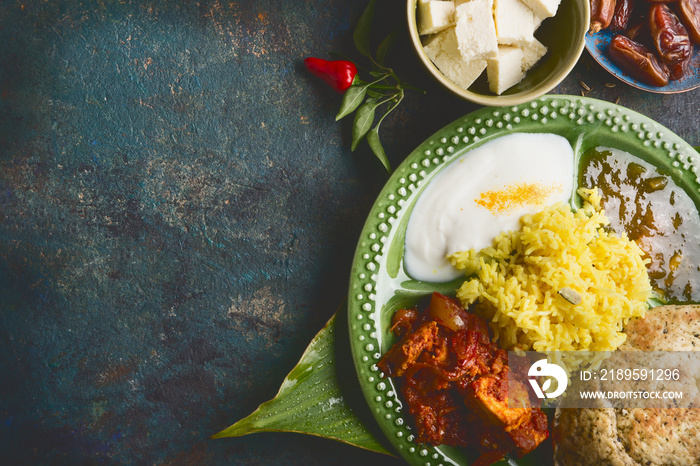 Various indian meal in bowl served on bamboo leaf  on dark rustic background, top view, place for te