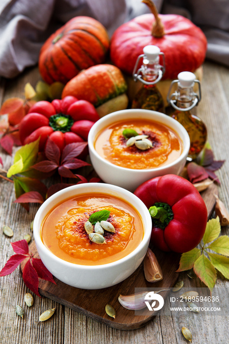 Bowls of pumpkin soup