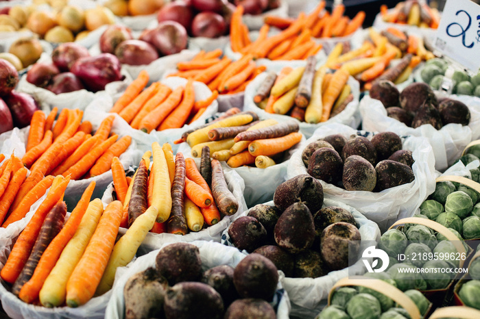 加拿大魁北克省蒙特利尔市农贸市场展出的各种五颜六色的蔬菜