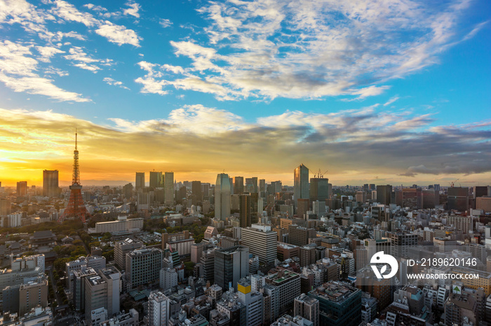 Birds-eye view of a sunset cityscape depicting the Tokyo tower and Roppongi Hills skyscrapers above