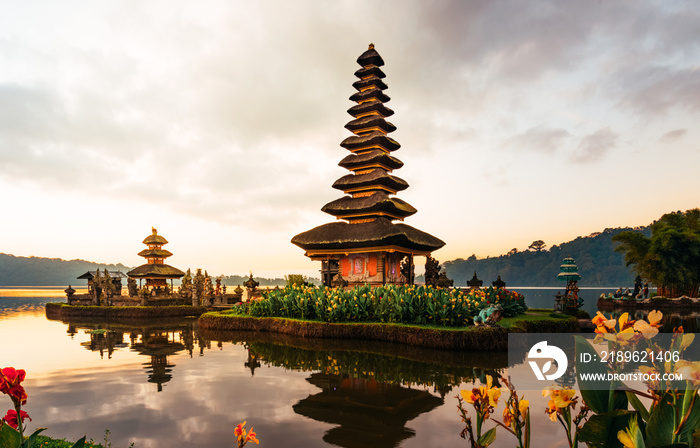 Pura Ulun Danu temple panorama at sunrise on a lake Bratan, Bali, Indonesia