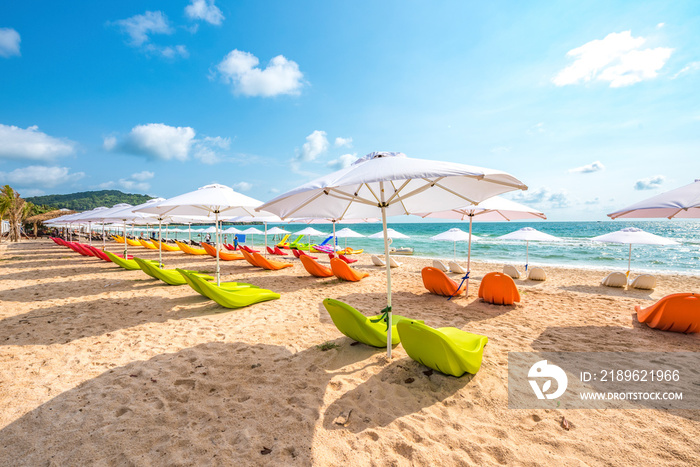 Row of Colorful Sunbathing Chairs on the Sao Beach of Phu Quoc Island, Vietnam, a Tourism Destinatio