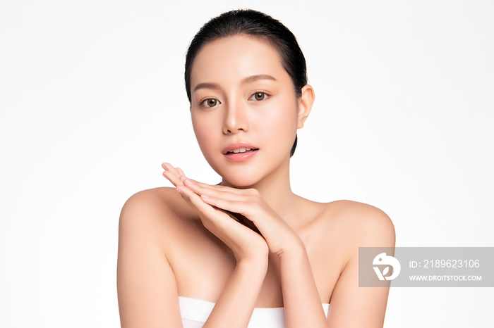 Beautiful young asian woman with clean fresh skin on white background, Face care, Facial treatment, 