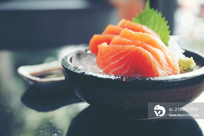 Salmon sashimi on ice Japanese food