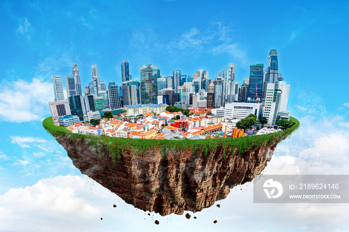 Fantasy Floating Island of Singapore City on a Blue Sky