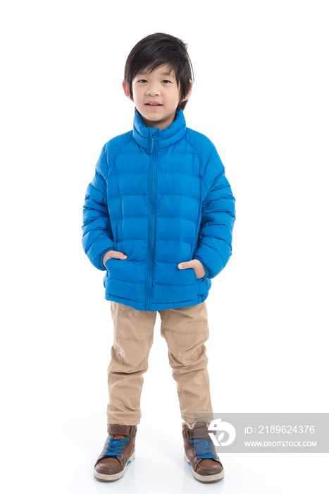 Cute Asian child in blue winter clothes open palm hand