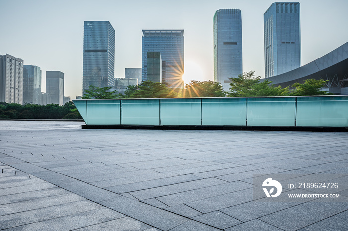 Empty square floor and city skyline with modern commercial office buildings in Shenzhen, China.