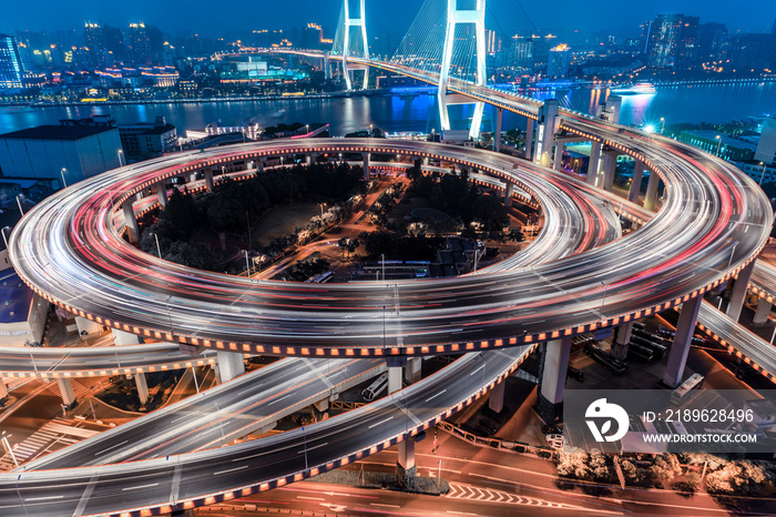 beautiful nanpu bridge at night,crosses huangpu river,shanghai,China