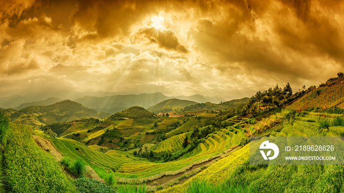 Rice fields of terraced on river at high mountain in Sunset twil