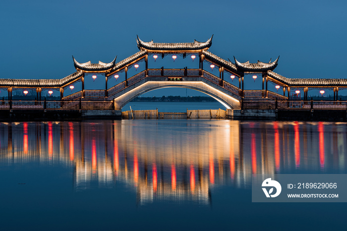 Landscapes of the ancient buildings in Jinxi at night,  a historic canal town in southwest Kunshan, 