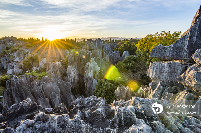 Beautiful sunset in Stone Forest in Shilin, Kunming, Yunnan province, China