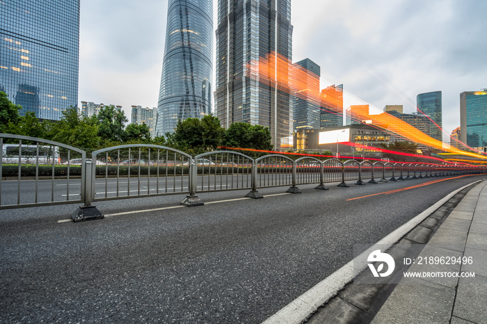 light trails in the downtown district, china.