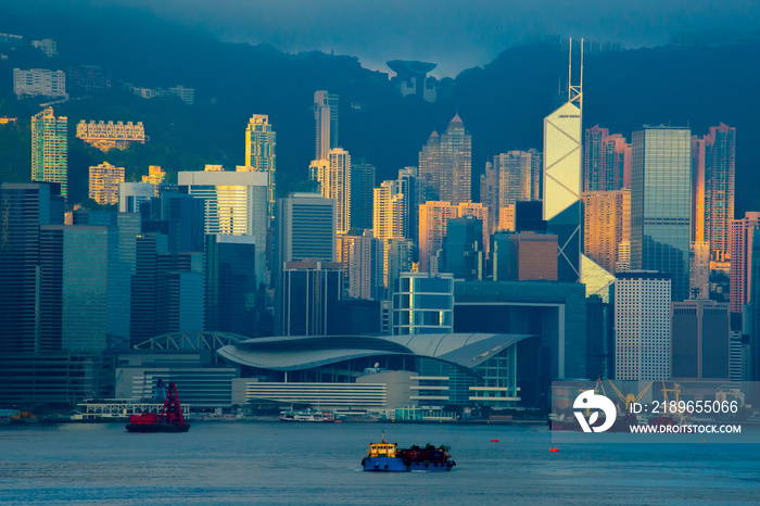 Hong Kong city skyline, China at sunrise