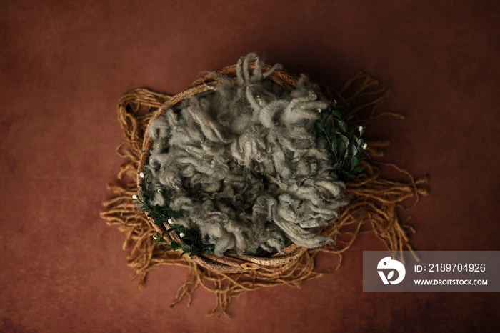 Newborn photography digital background prop. wicker basket on a painted canvas.