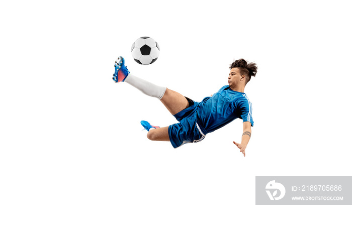 Young boy with soccer ball doing flying kick, isolated on white. football soccer players in motion o