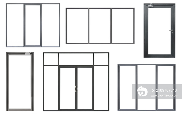 Real black modern windows set isolated on white background, various office frontstore frames collect